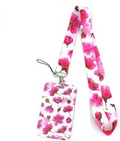Badgehouders - pashouder met keycord klaprozen roze - uitschuifbaar - sleutels en passen - telefoonkoord - bloemen