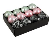 12x stuks luxe glazen gedecoreerde kerstballen mint/roze/bruin 7,5 cm - Luxe glazen kerstballen - kerstversiering