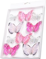 10x stuks decoratie vlinders op clip roze 5 tot 8 cm - vlindertjes versiering - Kerstboomversiering