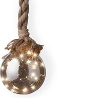 1x stuks verlichte glazen kerstballen aan touw met 15 lampjes zilver/warm wit 10 cm diameter - Decoratie kerstballen met licht