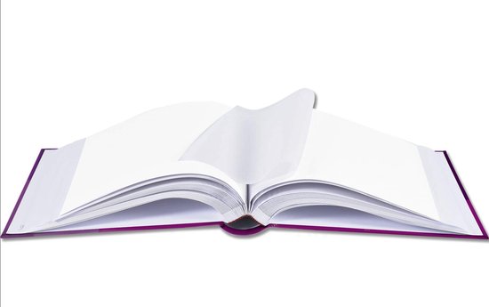Open paars Henzo fotoalbum met lege, witte pagina's.