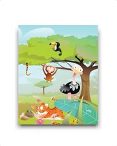 Schilderij Dieren / Beestenboel Tijger Aapje Struisvogel Slang Rechts - Kinderkamer - Dierenschilderij - Babykamer / Kinder - Babyshower Cadeau - 40x30cm - FramedCity