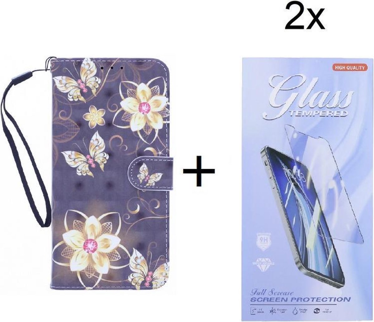 Bookcase Hoesje Geschikt voor: Motorola Moto G50 5G hoesje met print - Butterflies And Flowers 3D met 2 stuks Glas Screen protector