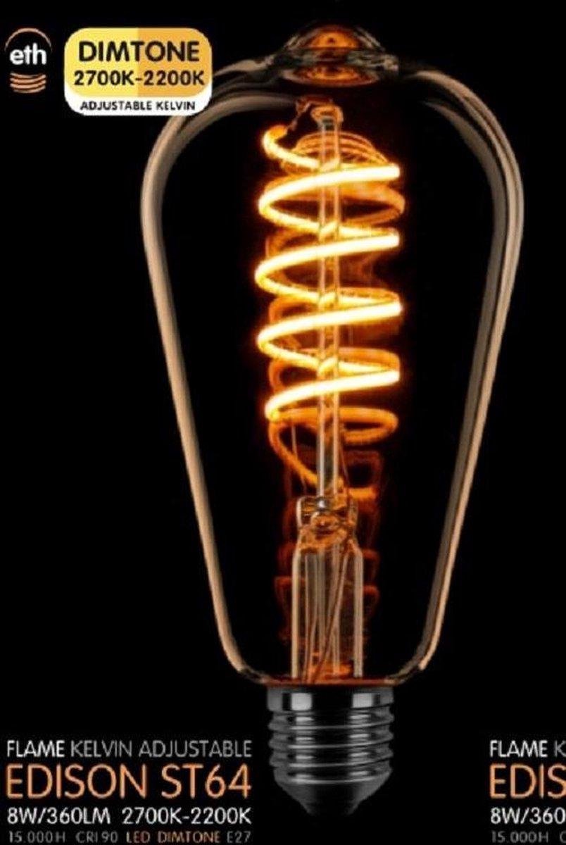 ETH Led spiraal ST64 E27 8W dimtone van 2700K naar 2200K Goud