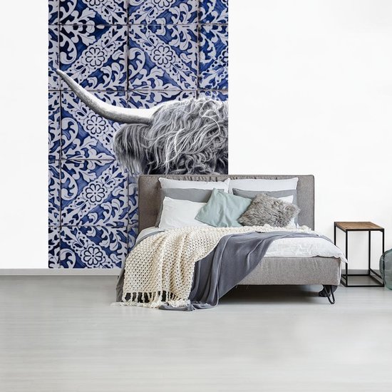 Papier peint - Papier peint photo Bleu de Delft - Highlander écossais - Zwart - Wit - Largeur 180 cm x hauteur 280 cm