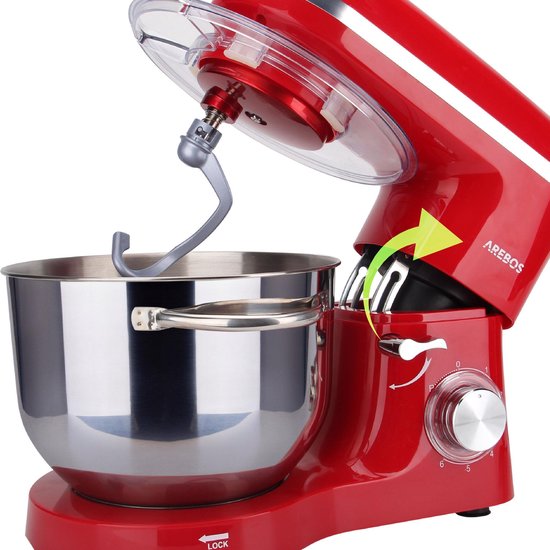 AREBOS Keukenmachine - 1500W - Keukenrobot - 6L - Keukenmixer - Foodprocessor - Roestvrij Stalen Mengkom - 6 Snelheden - Rood van AREBOS — afbeelding 2