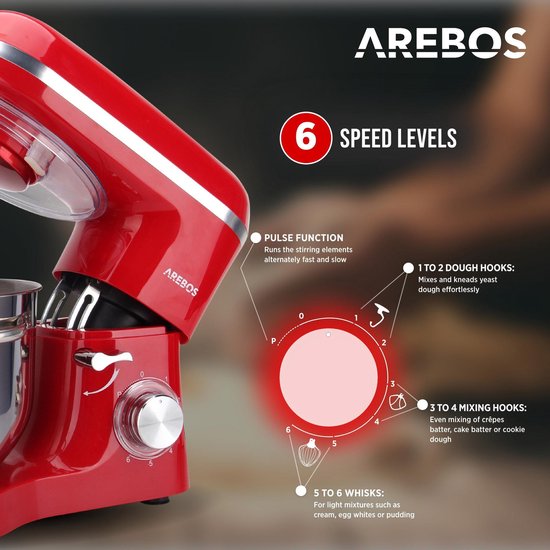 AREBOS Keukenmachine - 1500W - Keukenrobot - 6L - Keukenmixer - Foodprocessor - Roestvrij Stalen Mengkom - 6 Snelheden - Rood van AREBOS — afbeelding 4