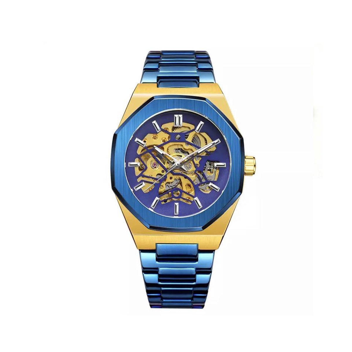 Skeleton Horloge Blauw&Goud | Waterafstotend | Cadeau Giftbox | Blauw&Goud | Automatic Horloges | Automatisch Watchwinder | Skeleton | Horloges Unisex Skeleton Herenhorloge Jongens Heren | Valentijn | Valentijnscadeau