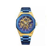 Skeleton Horloge Blauw&Goud | Waterafstotend | Cadeau Giftbox | Blauw&Goud | Automatic Horloges | Automatisch Watchwinder | Skeleton | Horloges Unisex Skeleton Herenhorloge Jongens