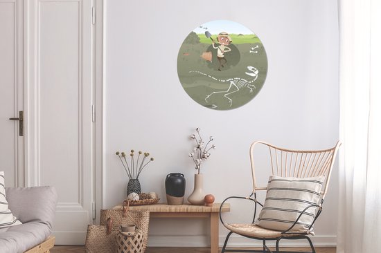 Illustration d'un archéologue en train de fouiller un mur de dinosaure autocollant papier peint cercle 80x80 cm / cercle papier peint / cercle mural / cercle vivant - auto-adhésif et découpe ronde