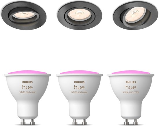 Philips Donegal Inbouwspots met Philips Hue White & Color Ambiance GU10 - Wit en Gekleurd Licht - Dimbaar - Spotjes Inbouw - 3 Stuks - Antraciet