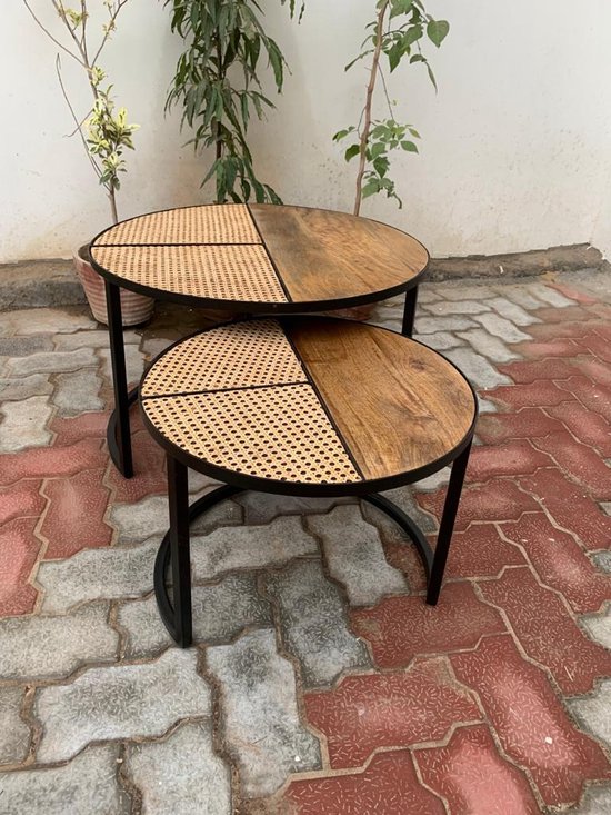 Zita Home - Salontafel set van 2 mango - 70cm dia - 2cm dik blad - Rotan