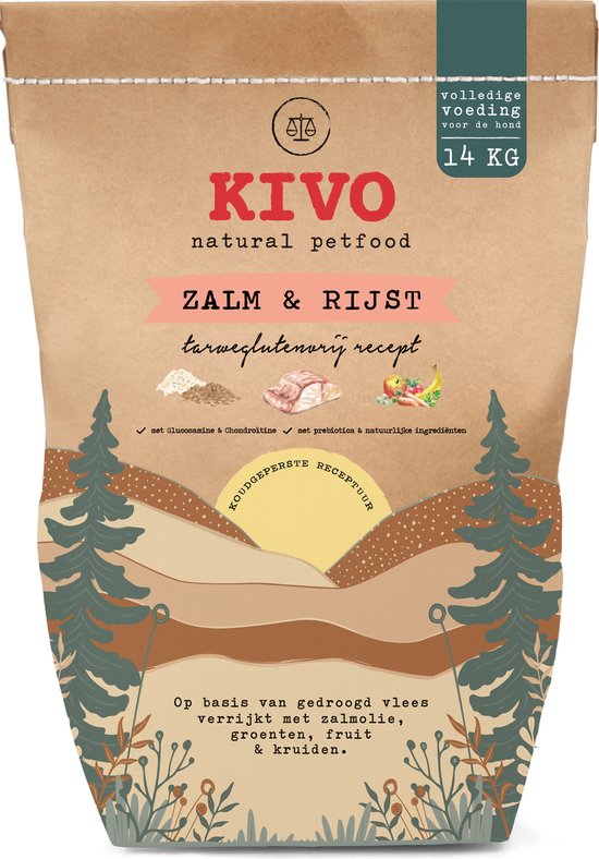 Kivo Petfood - Hondenbrokken koudgeperst Zalm & Rijst 14 kg - Tarweglutenvrij