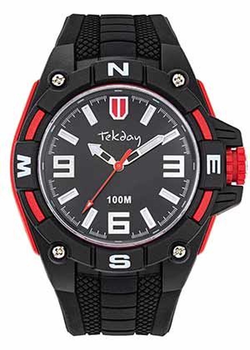 Tekday-Sportief robuust-Analoog heren horloge-Waterdicht-Zwart-rood-Silicone band-Fijn draagcomfort