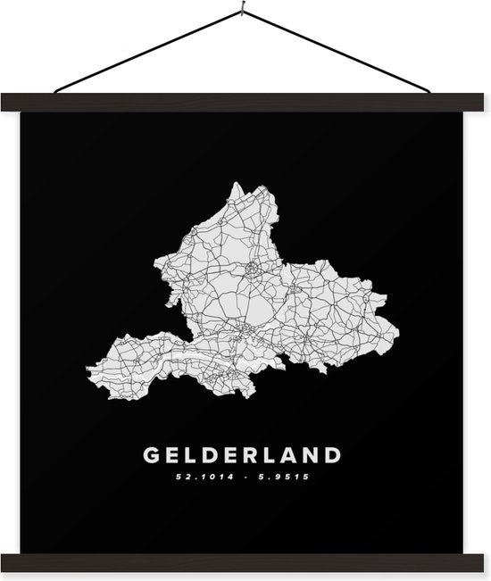 Posterhanger incl. Poster 40x40 cm - Schoolplaat - Gelderland - Kaart - Zwart - Wit - Textielposter - Zwarte latten