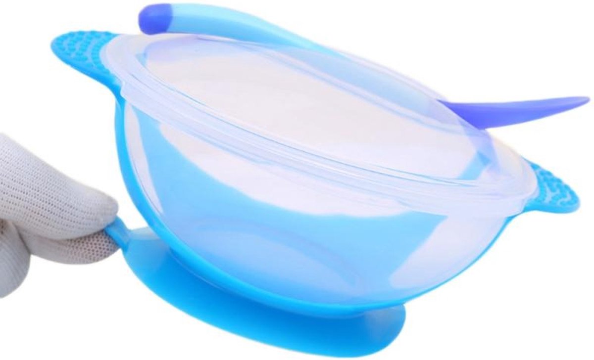 Goedkoopste Kinderbord met deksel en lepel - Baby Servies - kinderkom met lepel - Met Zuignappen - Blauw - Kinderbestek - baby bakjes plastic met deksel