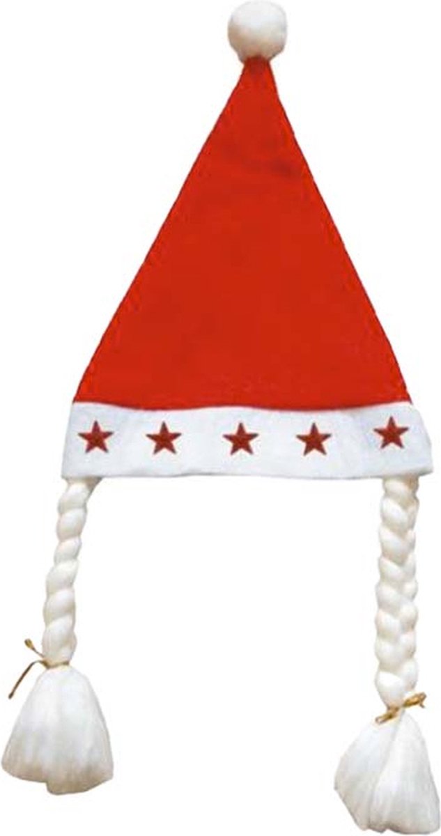 Heldere vilt kerstmuts met sterren & 2 witte vlechten - Overig - wit - rood - SILUMEN