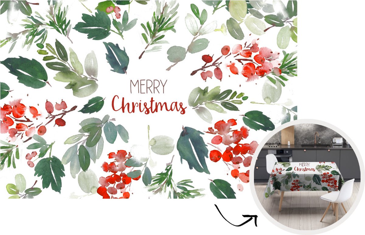Kerst Tafelkleed - Kerstmis Decoratie - Tafellaken - Kerst - Quote - Waterverf - 220x150 cm - Kerstmis Versiering