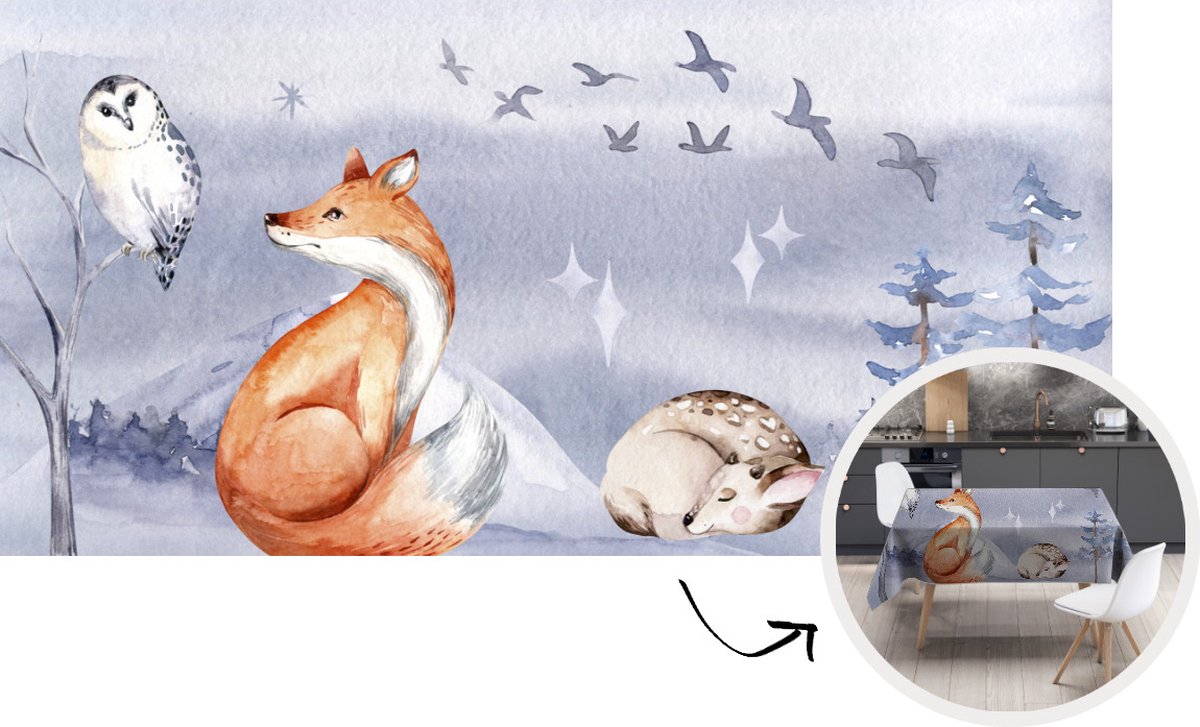 Tafelkleed - Tafellaken - 260x130 cm - Winter - Uil - Vos - Hert - Binnen en Buiten