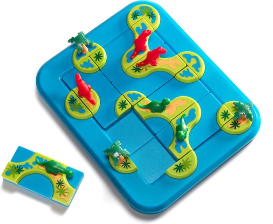 Dinosaurus spel 'Mystic Islands' met blauw speelbord, 3 rode en 3 groene dinosauriërs en palmboompjes. Extra stukje los.