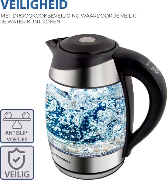 Glazen waterkoker met kokend water, LED-verlichting en veiligheids- en antislip-pictogrammen.