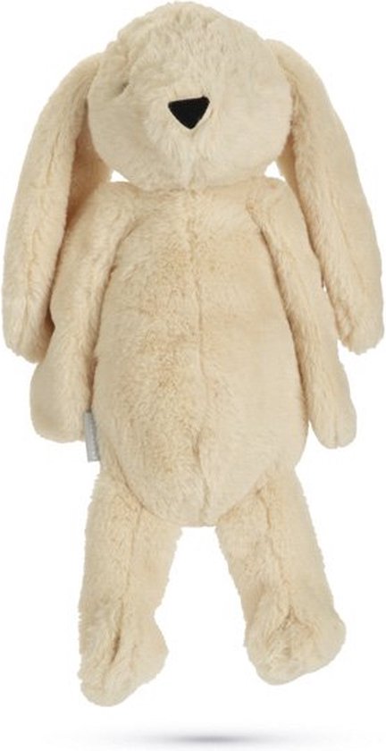 Zachte, beige pluche konijn met lange oren en zwarte oogjes en neusje.