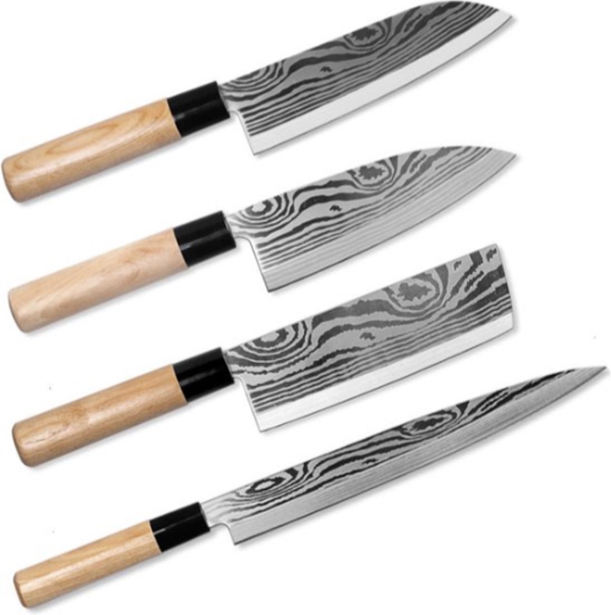 Blade Masters - Japanse messenset - Messenset - Messensets - Keukenmessen - 4-delig - Damascus - Koksmes - Fileermes - Blademaster