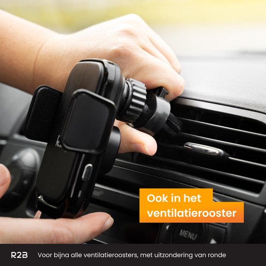 Handen die een R2B telefoonhouder in een ventilatierooster van een auto plaatsen. Tekst: "Ook in het ventilatierooster".