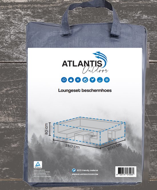 Grijze loungeset beschermhoes van Atlantis Outdoor in draagtas. Afmetingen 260x200x80 cm.