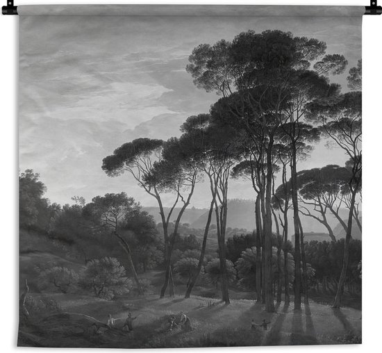 Wandkleed - Wanddoek - Italiaans landschap met parasoldennen - Schilderij van Hendrik Voogd - zwart wit - 60x60 cm - Wandtapijt