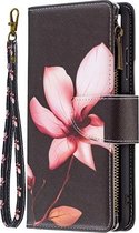 Telefoonhoesje geschikt voor Samsung Galaxy A22 5G - Portemonnee met rits - book-case hoesje - ruimte voor 9 pasjes - zwart bloemen