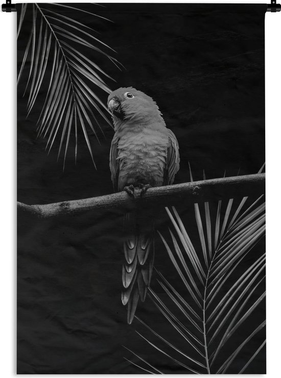 Wandkleed - Wanddoek - Een papegaai zit op een tak tegen een zwarte achtergrond - zwart wit - 60x90 cm - Wandtapijt