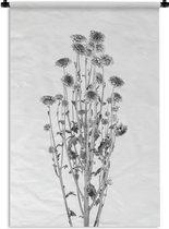 Wandkleed - Wanddoek - Gedroogde paarse bloemen op witte achtergrond - zwart wit - 120x180 cm - Wandtapijt