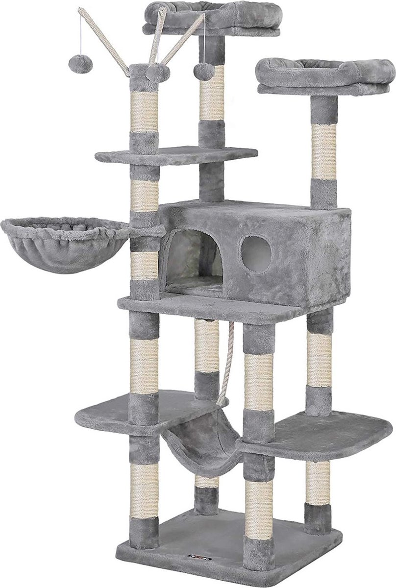 Nancy's Grassie Kattenboom - Krabpaal - Hangmat - Kattengrot - 6 Niveaus - Grijs - Beigee - 50 x 50 x 164 cm