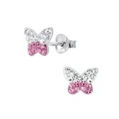 Joy|S - Zilveren vlinder oorbellen - 9 x 7 mm - wit met roze kristal