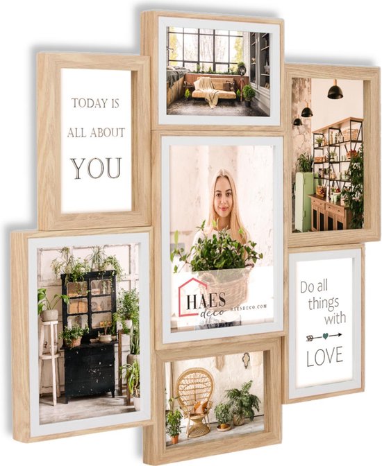 HAES DECO - Cadre Multi photo en bois / Galerie Fevik aux couleurs marron et blanc pour 4 photos 10x15, 2 photos 13x18 et 1 photo 15x20 (format 46x47,5) - MP127