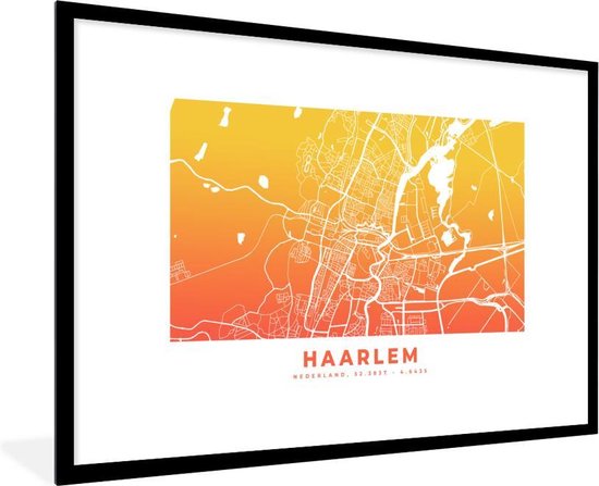 Fotolijst incl. Poster - Stadskaart - Haarlem - Nederland - Oranje - 90x60 cm - Posterlijst - Plattegrond