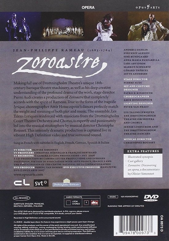 DVD achterkant van Jean-Philippe Rameau's Zoroastre, met informatie over de uitvoerders en de productie. Bevat 2 DVD's.