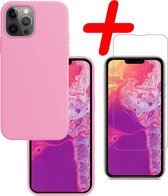 iPhone 13 Pro Max Hoesje Siliconen Met Screenprotector Tempered Glass - iPhone 13 Pro Max Screen Protector Beschermglas Full Screen Hoes Back Case - Licht Roze