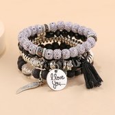 Akyol - I love you armband – Zwart – Handgemaakte armband – Boho armband – Vriendschapsarmband – Kralenarmband –Leuk cadeau– 4-laags – Armbanden set