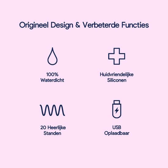 Iconen: druppel (waterdicht), kruis (huidvriendelijke siliconen), golven (20 standen), batterij (USB oplaadbaar).