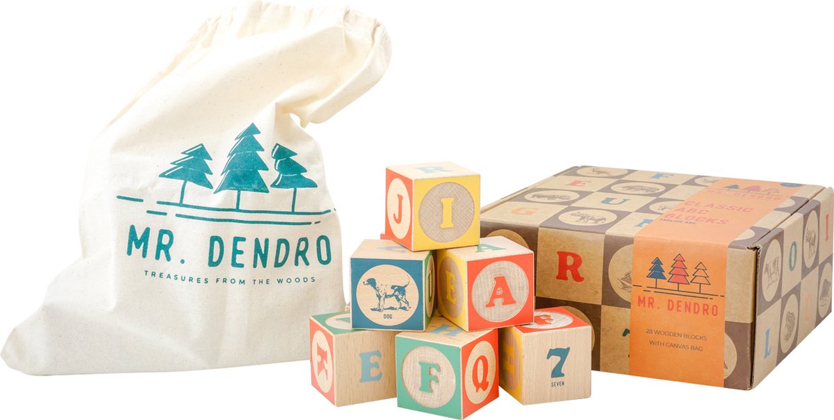 Mr. Dendro - Houten Blokken ABC met opbergzak - Engels - houten speelgoed 2 jaar