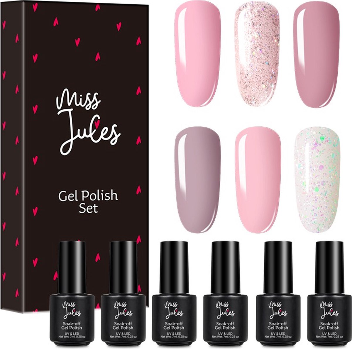 Miss Jules – 6-Delige Gellak Starterspakket – Nagellak – Kleur Roze & Glitter – Glanzend & Dekkend resultaat