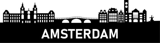 Zwarte skyline van Amsterdam met de tekst AMSTERDAM.