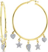 Juwelier Emo - 14 Karaat Gouden Kinderoorbellen meisje met Hartbedels & Zirkonia’s – 40 mm
