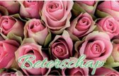 Beterschap! Een prachtige wenskaart met roze rozen waarbij een gele tint te zien is in de rozen. Een dubbele wenskaart inclusief envelop en in folie verpakt.