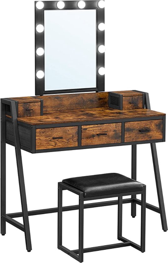 Kaptafel Met 3-kleurige Led-spiegel, Instelbare Helderheid Geintegreerde Stekkerdoos 1 Grote Lade 2 Zijkastjes Met 3 Niveaus 110x40x135cm Wit