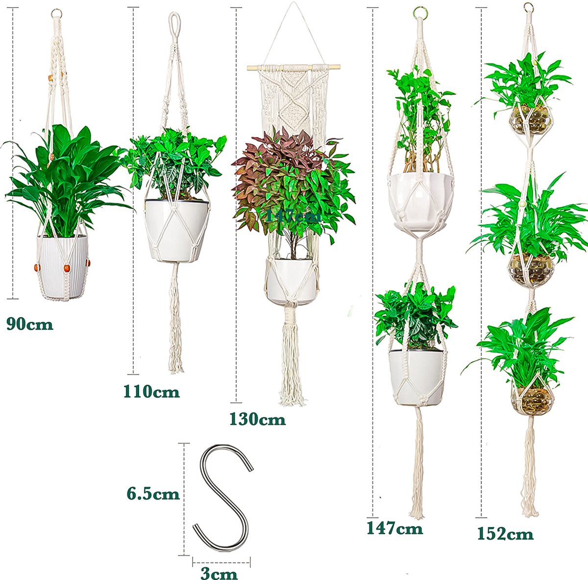 5-Delig Luxe Macramé Plantenhangers Set - Boho Handgeweven Katoen Hangpot voor Binnen/Buiten - Hangende Bloempot met Kralen - Plant Houder - Bohemian Wandhanger Decoratie - Tuin Hanger Bloempothouder Planthanger — afbeelding 2