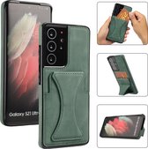 Étui en cuir Samsung Galaxy S21 Ultra | Coque arrière pour téléphone | Porte-cartes | Vert