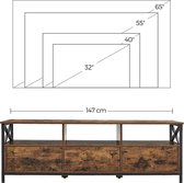 VASAGLE TV-meubel, lowboard voor TV's tot 65 inch, TV-plank met 3 laden, 147 x 40 x 50 cm, industrieel ontwerp, stalen frame, vintage bruin-zwart